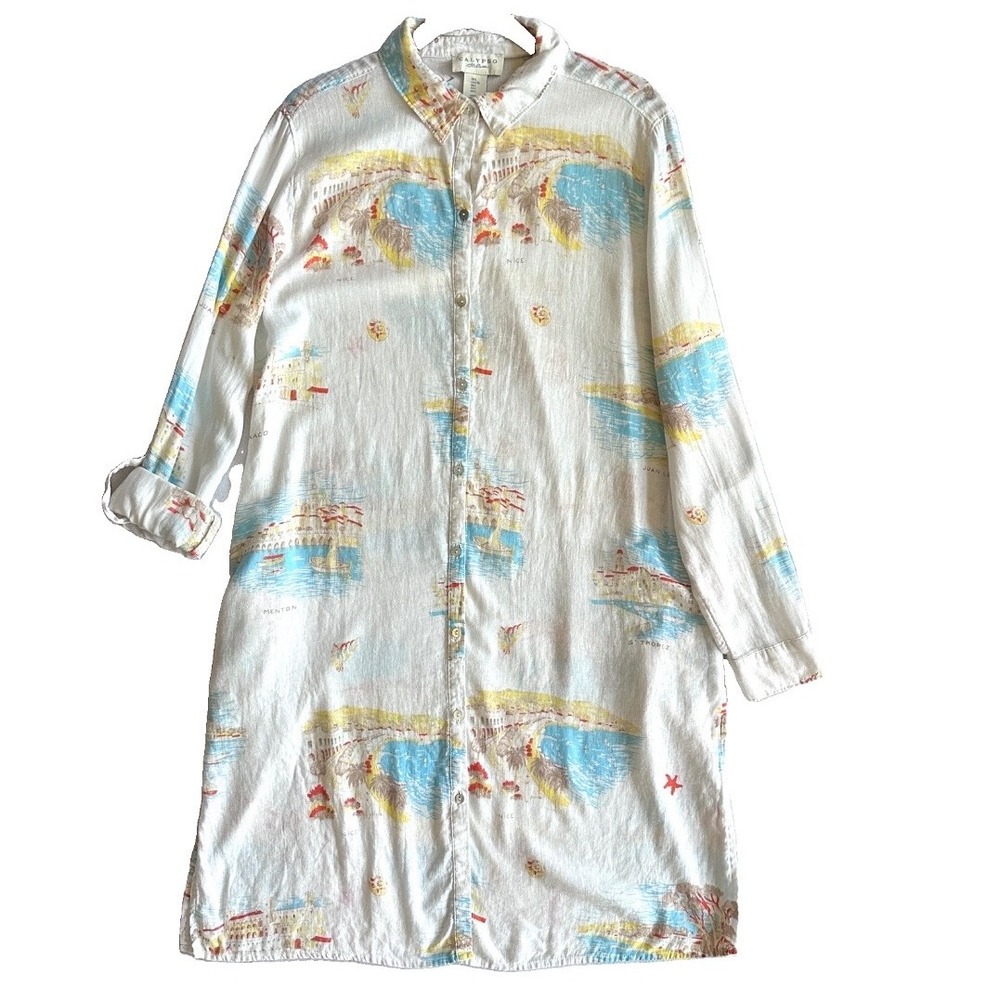 Calypso St Barth L Linen Postcard Print Shirt Dress Monaco Menton Nice Roll Tab - Picture 2 of 16